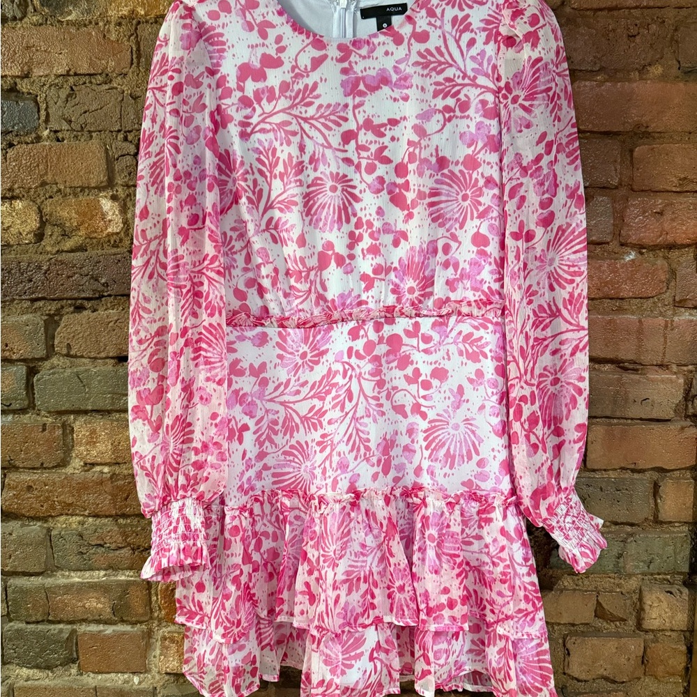 Aqua pink and white Ruffled Tiered Sundress with Bishop Sleeves size s